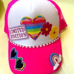 Custom Made Pink and White Trucker hat with Patches